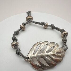 Vintage 90s Y2K Silver Beaded Monstera Leaf Bracelet Boho Grey Cord Adjustable